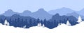Winter landscape with mountains, forest, deer and snowfall. Panoramic illustration of winter wildlife with mountain, fir and pine Royalty Free Stock Photo